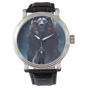 monster with the head of lion balck leather watch