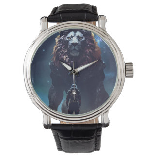 monster with the head of lion balck leather watch