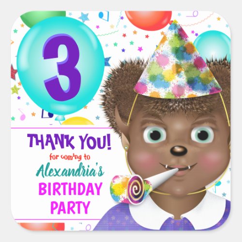 Monster Wolf Girl Birthday Party Thank You Square Sticker