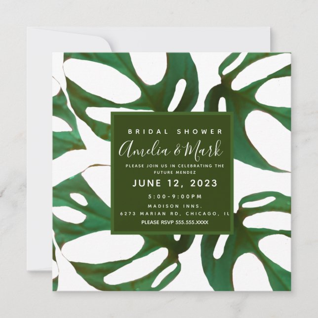 Monstera Adansonii Leaf Bridal Shower Green Invitation (Front)