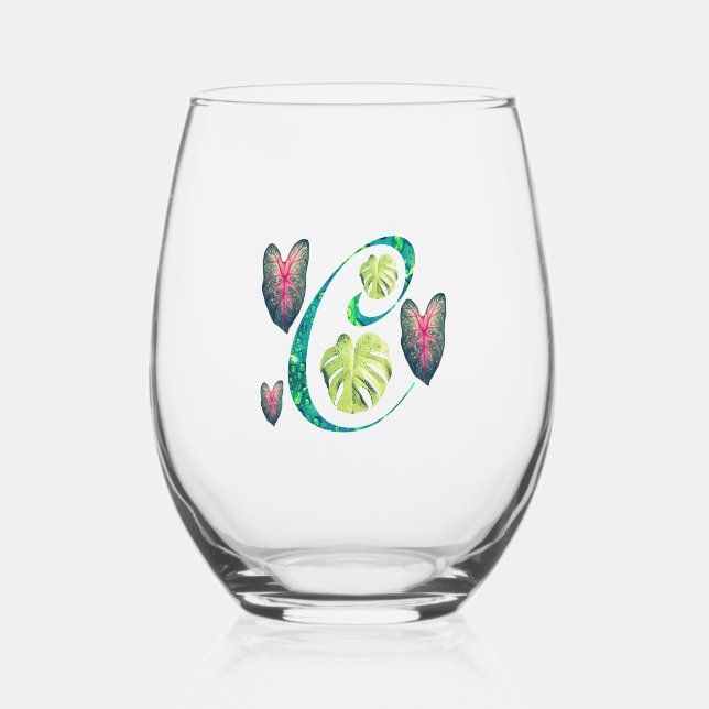 Monstera Alphabet "C"  Stemless Wine Glass (Front)