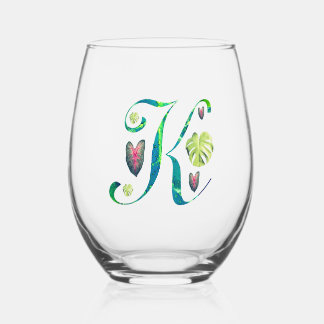 Monstera Alphabet "K" Stemless Wine Glass