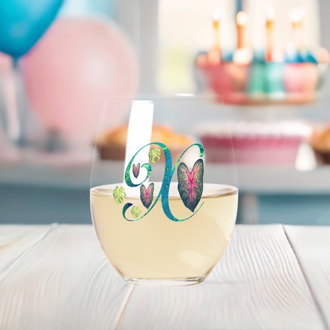 Monstera Alphabet "X"  Stemless Wine Glass (Insitu (Baby Shower))