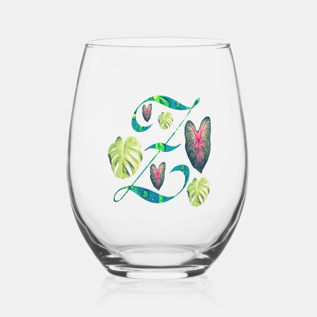 Monstera Alphabet "Z" Stemless Wine Glass (Front)