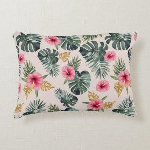 Monstera and Hibiscus Pattern Accent Pillow