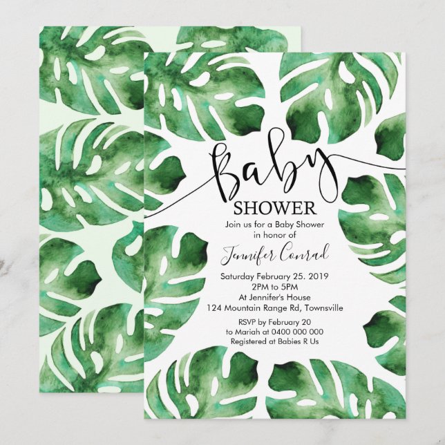 Monstera Baby Shower Invitation, Tropical Leaves Invitation (Front/Back)