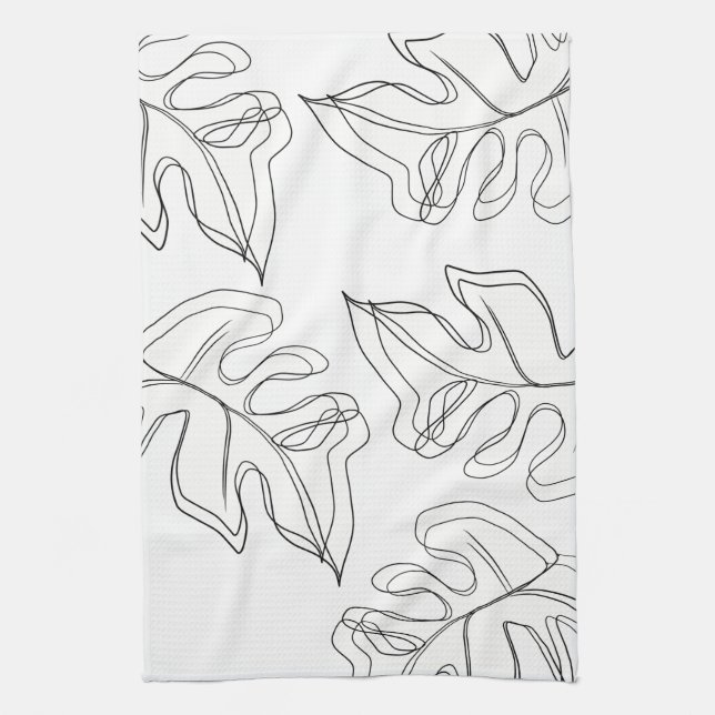 Monstera Black White Botanical Wedding Kitchen Towel (Vertical)