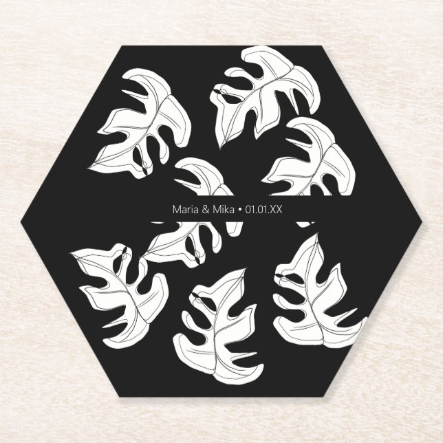 Monstera Black White Botanical Wedding Paper Coaster (Front)