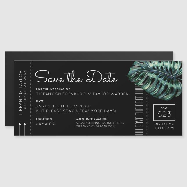 Monstera Boarding Pass Magnet Save the Date Black (Front/Back)