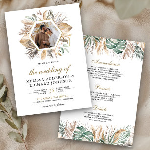Monstera Boho Pampas All in One Photo Wedding Invitation
