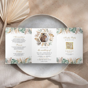Monstera Boho Pampas All in One QR Code Wedding Tri-Fold Invitation