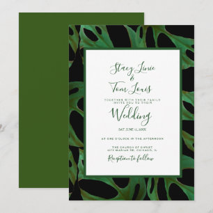 Monstera Botanical Leaf Green Wedding  Black Invitation