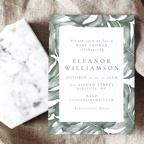 Monstera Botanical Watercolor Green Baby Shower Invitation