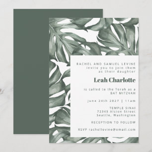 Monstera Botanical Watercolor Green Bat Mitzvah Invitation