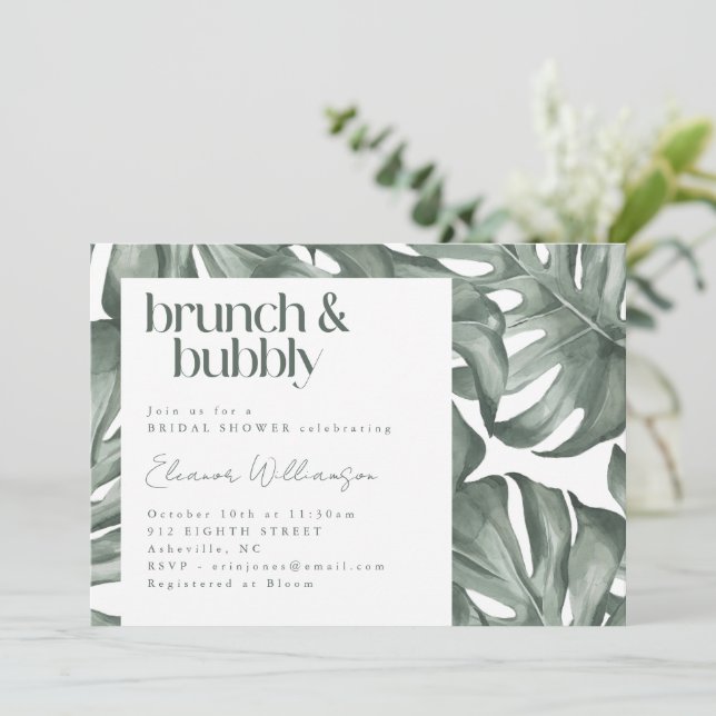 Monstera Botanical Watercolor Green Brunch Bubbly Invitation (Standing Front)