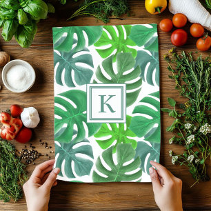 Monstera Deliciosa Leaves Monogrammed Pattern Kitchen Towel