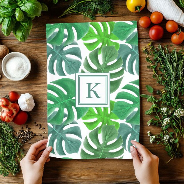 Monstera Deliciosa Leaves Monogrammed Pattern Kitchen Towel (Monstera Deliciosa Leaves Monogrammed Pattern Kitchen Towel)