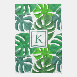 Monstera Deliciosa Leaves Monogrammed Pattern Kitchen Towel