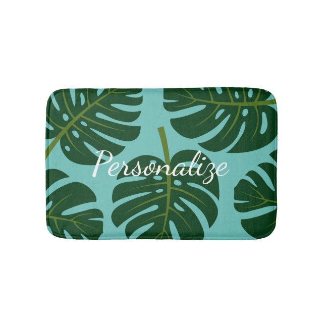 Monstera Deliciosa palm leaf floral print bath mat (Front)