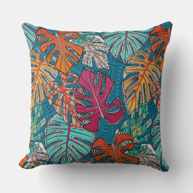 monstera deliciosa peacock throw pillow (Front)