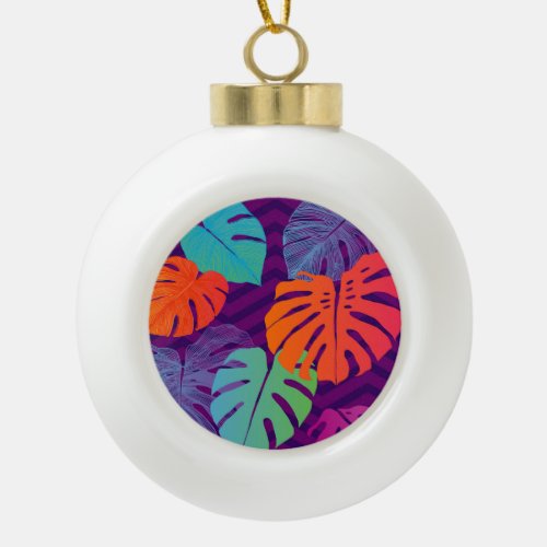 Monstera Deliciosa Tropical Line Art Ceramic Ball Christmas Ornament