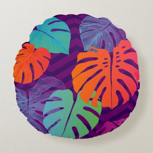 Monstera Deliciosa Tropical Line Art Round Pillow