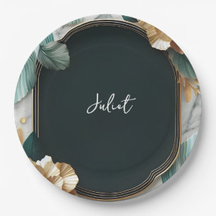 Monstera Emerald Green And Gold Bridal Shower Paper Plates