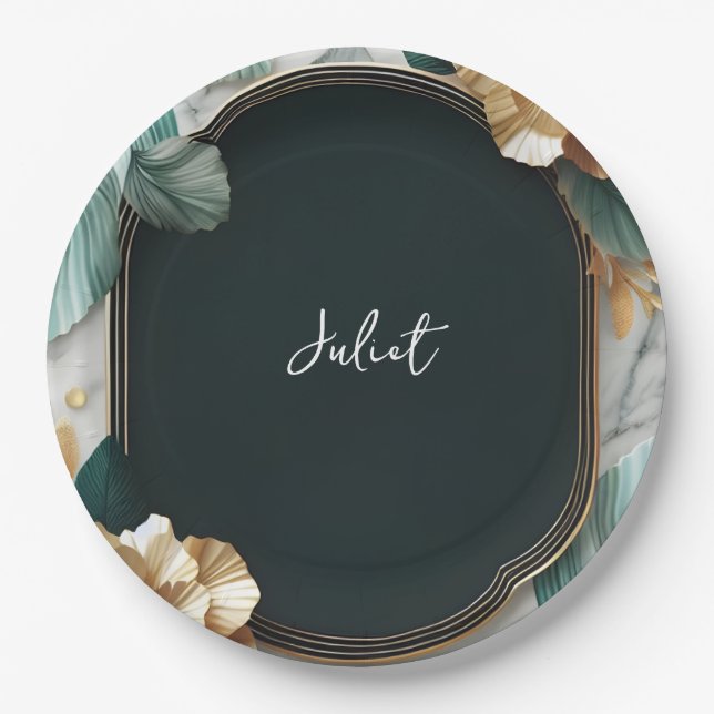 Monstera Emerald Green And Gold Bridal Shower Paper Plates (Front)