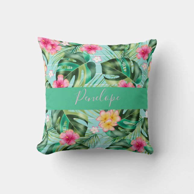 Monstera Fern Leaf Pink Tropical Flower  Monogram  Throw Pillow (Front)