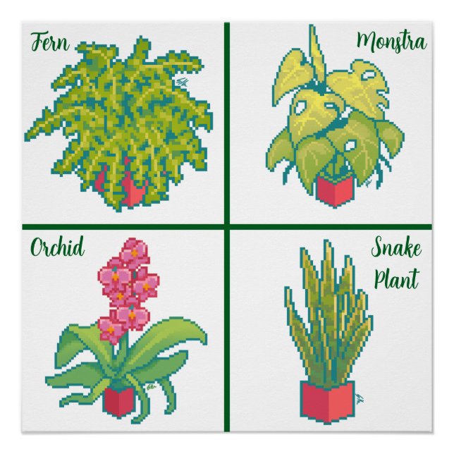 Monstera, Fern, Orchid, snake plant. Pixel art Poster (Front)