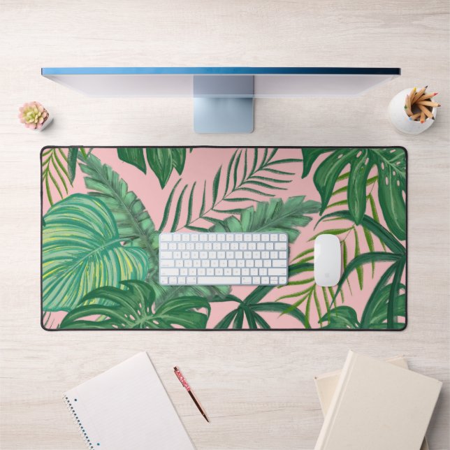 Monstera Ferns Palms Tropical Leafy Pink  Desk Mat (Office 1)
