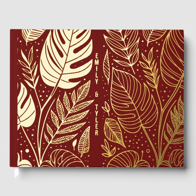 Monstera Gold Foliage Wedding  Foil Guest Book (Front)