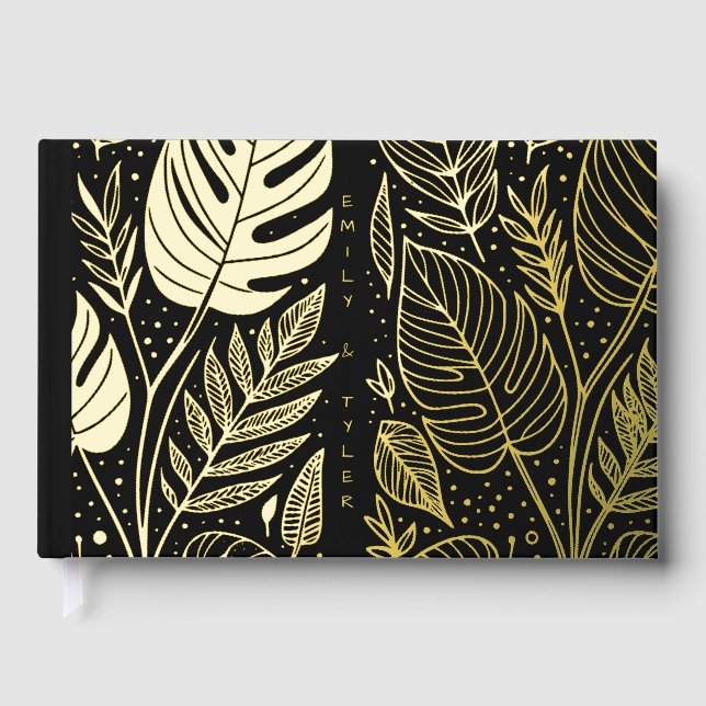 Monstera Gold Foliage Wedding  Foil Guest Book (Front)