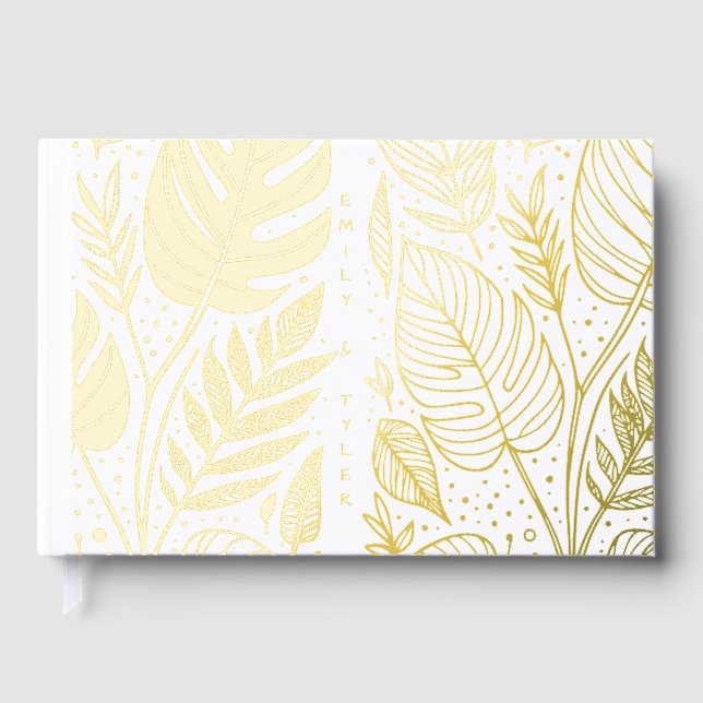 Monstera Gold Foliage Wedding  Foil Guest Book (Front)