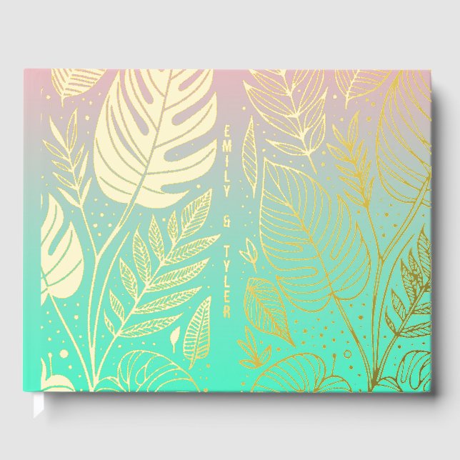 Monstera Gold Foliage Wedding  Foil Guest Book (Front)