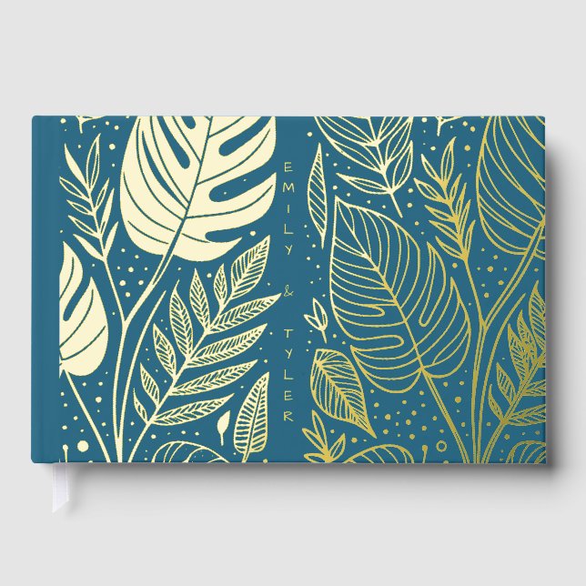 Monstera Gold Foliage Wedding  Foil Guest Book (Front)