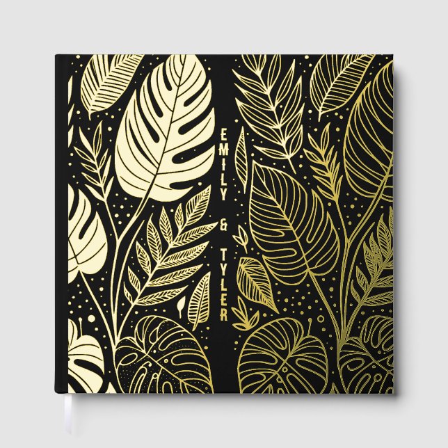 Monstera Gold Foliage Wedding  Foil Guest Book (Front)