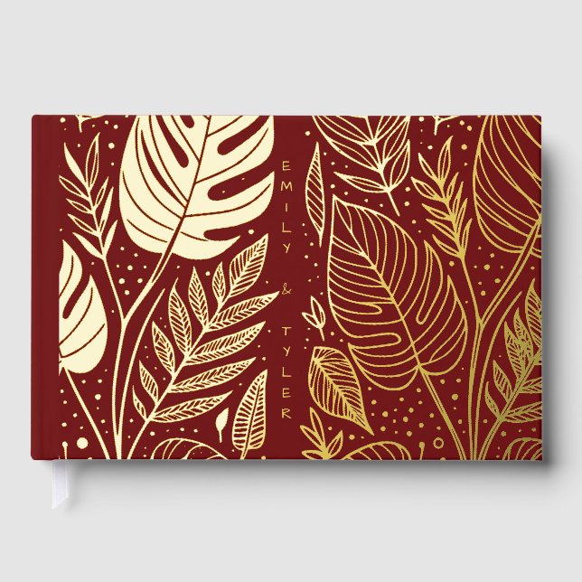 Monstera Gold Foliage Wedding  Foil Guest Book (Front)