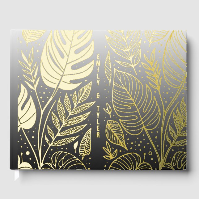 Monstera Gold Foliage Wedding  Foil Guest Book (Front)