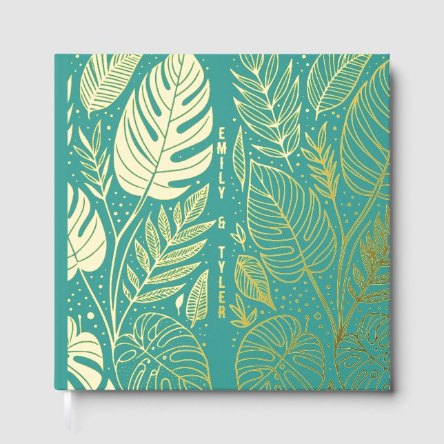 Monstera Gold Foliage Wedding  Foil Guest Book (Front)