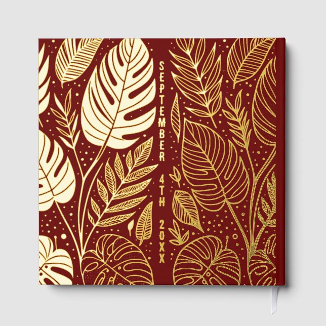 Monstera Gold Foliage Wedding  Foil Guest Book (Back)