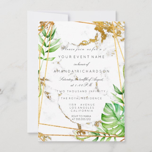 Monstera Gold Frame Greenery Marble Tropical Invitation (Front)
