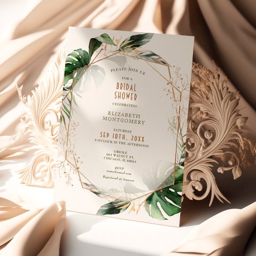 Monstera Gold  Green Bridal Shower Geometric Invitation