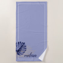 Monstera Gold Palm Leaf Dusty Blue Tropical Beach Towel