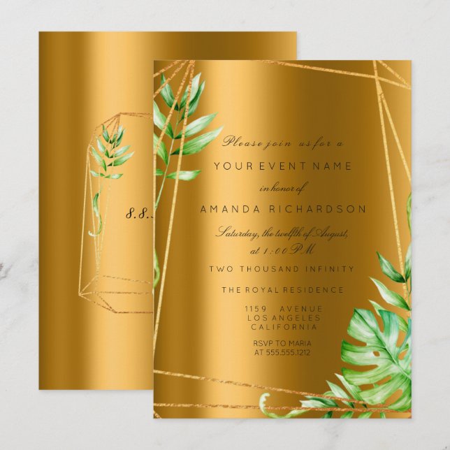 Monstera Gold Poligonal Frame Greenery Bridal Wedd Invitation (Front/Back)