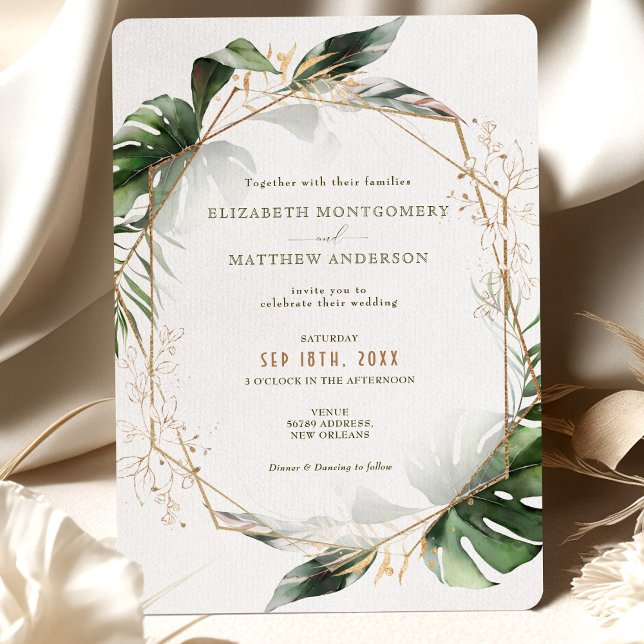 Monstera Gold Watercolor Wedding Invitation (Creator Uploaded)