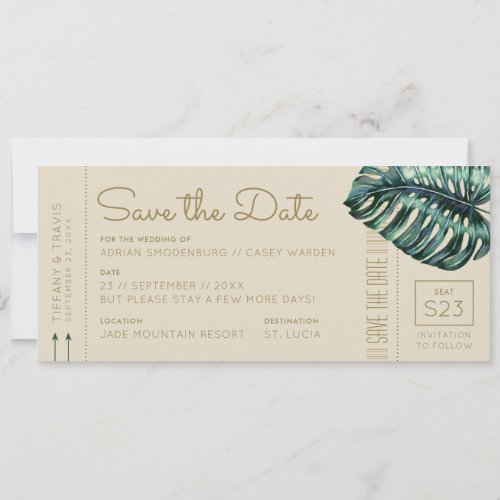 Monstera Green and Tan Boarding Pass Save the Date Announcement