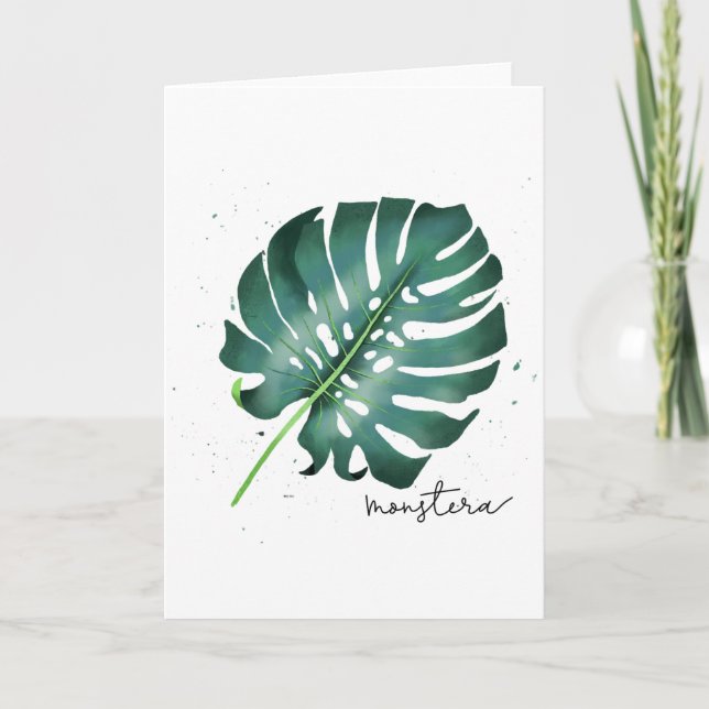 Monstera Green Tropical Leaf Illustration Holiday Card (Front)