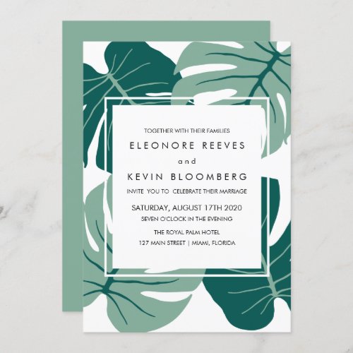 Monstera  Green  Tropical Leaves Frame Wedding Invitation