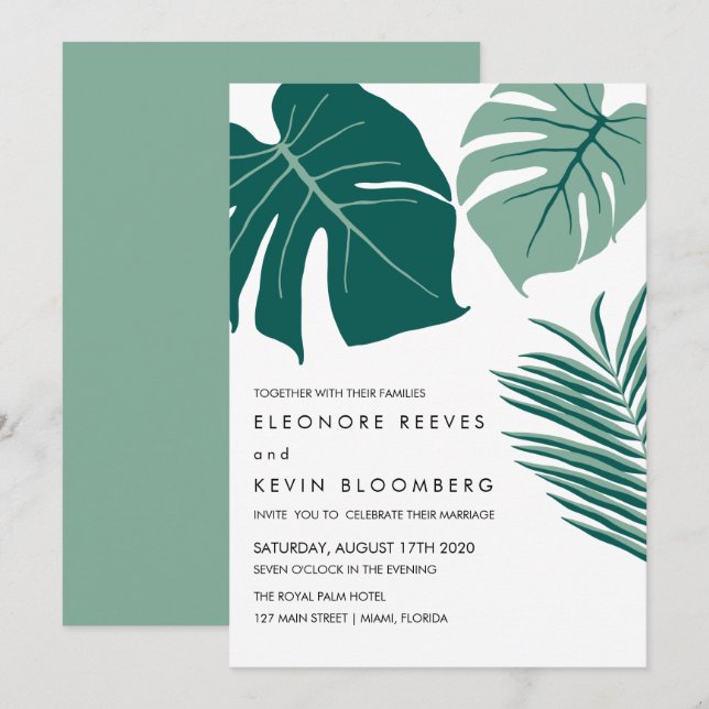 Monstera | Green | Tropical Leaves Wedding Invitation (Front/Back)